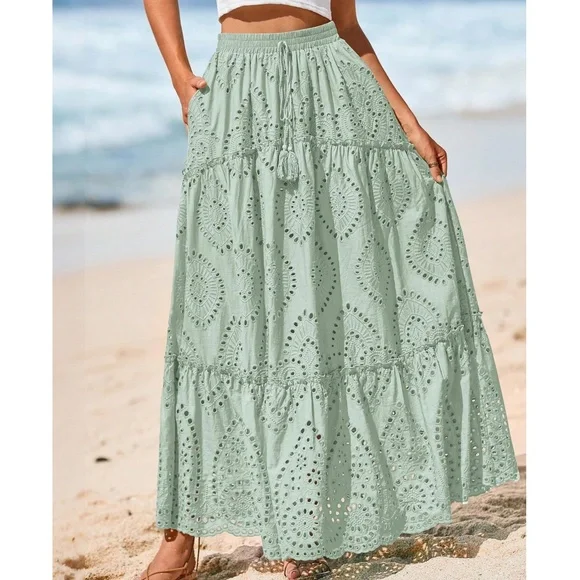 Boho Royal Blue Eyelet Stretchy waist Lined Maxi Skirt - Picture 4 of 12